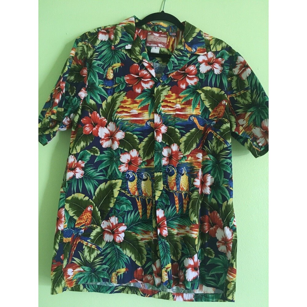 RJC Hawaiian Short Sleeve Shirt Men's Sz L Blue Floral Macaw Parrots Birds Aloha
